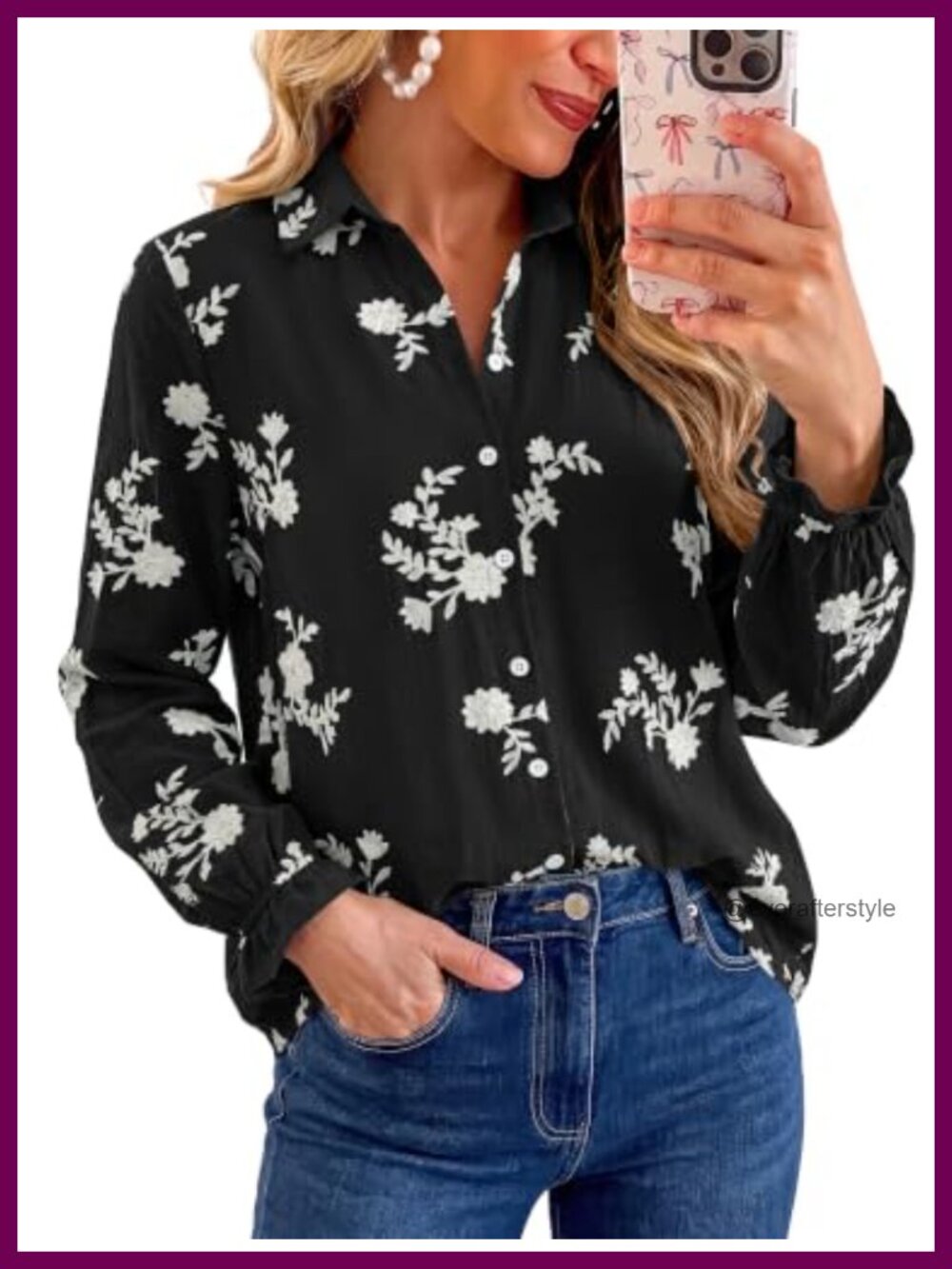 Boho Floral Embroidered Button Down Blouse Puff Sleeve Top